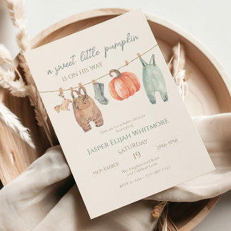 Liten pumpa höstkläder pojke baby shower inbjudningar