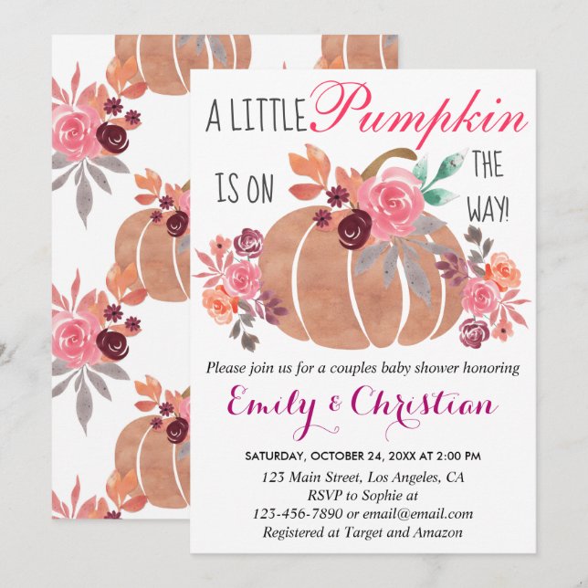 Liten pumpa höstpar baby shower blomster inbjudningar (Fram/baksida)