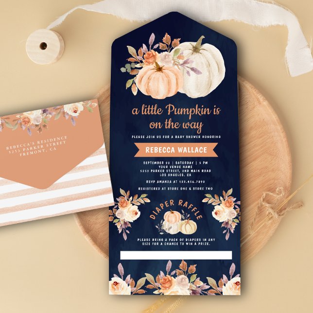 Liten Pumpa Jordnära Blommig Marinblå Baby Shower (Skapare uppladdad)