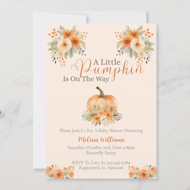 Liten pumpa orange blomster höst baby shower inbjudningar (Framsida)