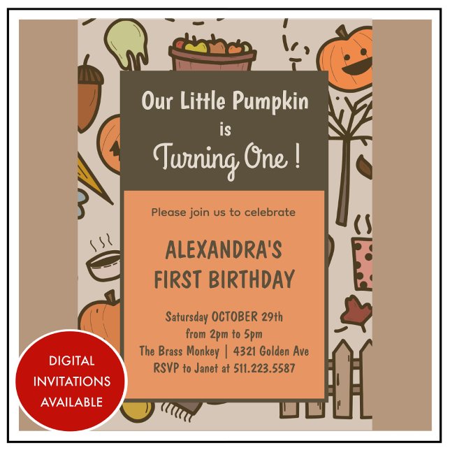 Liten Pumpa Orange Höst Halloween 1-årsdag Inbjudningar (Halloween-1st-birthday-Invitation-Little-Pumpkin-Orange-Fall-1)