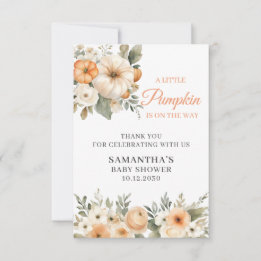 Liten pumpa orange vit blommig baby shower tack kort
