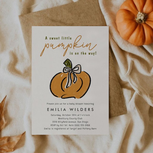 Liten Pumpa På Väg Baby Shower Inbjudningar (A sweet little pumpkin is on the way and we're ready to celebrate with cute baby shower invitations.)