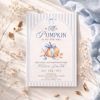 Liten pumpa på väg Blå rosett pojke Baby shower Inbjudningar