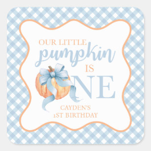 Liten pumpa pastellblå rosett randig 1-årsdag fyrkantigt klistermärke