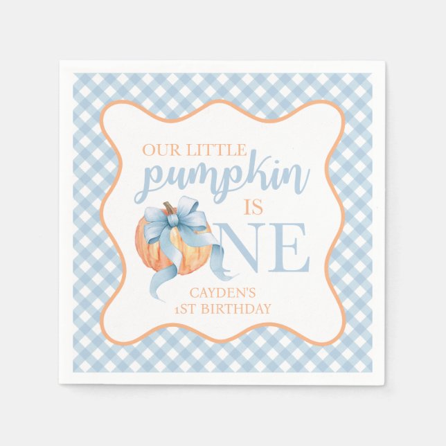 Liten pumpa pastellblå rosett randig 1-årsdag pappersservett (Framsidan)