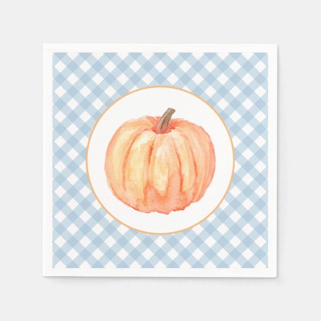 Liten pumpa pastellblå rutig första födelsedag pappersservett (Framsidan)