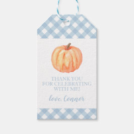 Liten pumpa pastellblå rutig första födelsedag presentetikett