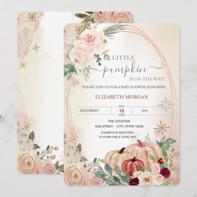 Liten Pumpa Ram Boho Blommor Baby Shower Inbjudningar (Fram/baksida)
