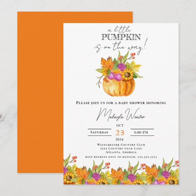 Liten pumpa redigerbara höstblad Baby Shower Inbjudningar (Fram/baksida)