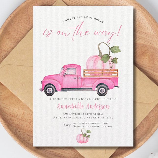 Liten pumpa Rosa akvarell Flicka Bebisens dag Inbjudningar (Little Pumpkin Pink watercolor Girl Baby Shower Invitation)