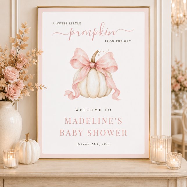 Liten pumpa rosa båge baby shower välkomstskylt poster (Skapare uppladdad)