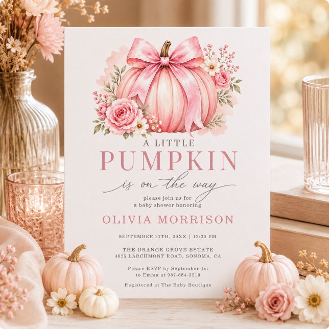 Liten pumpa rosa båge flicka baby shower  inbjudningar (Skapare uppladdad)