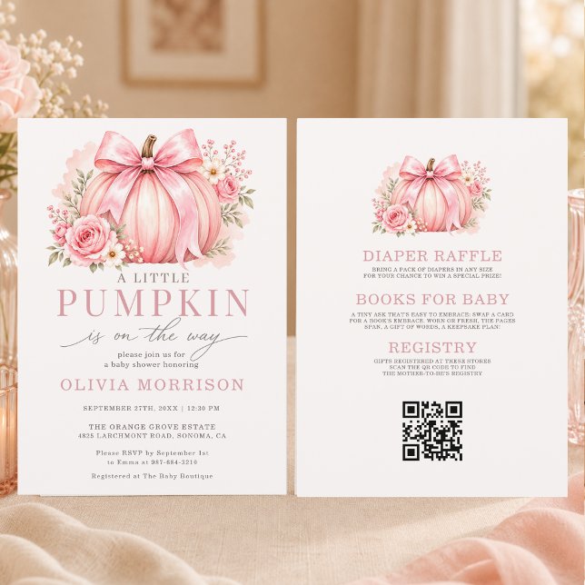 Liten Pumpa Rosa Båge Flicka Babyfirande Inbjudningar (Skapare uppladdad)