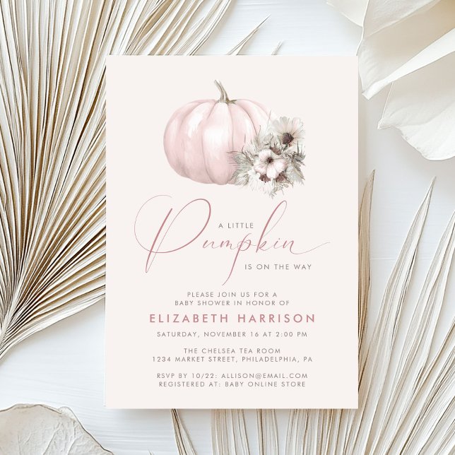 Liten pumpa rosa blommande boho baby shower för fl inbjudningar (Little Pumpkin Pink Floral Boho Baby Girl Shower Invitation)