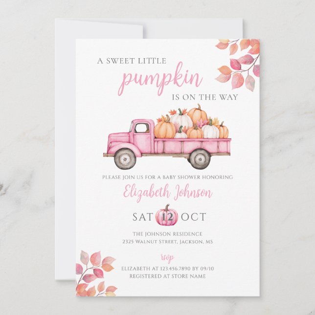 Liten pumpa rosa flicka baby shower allt-i-ett inbjudningar (Framsida)