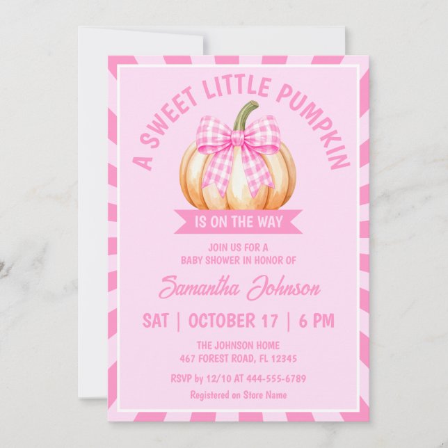 Liten pumpa rosa ginghambåge baby shower inbjudningar (Framsida)