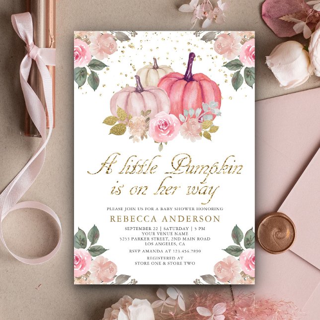 Liten pumpa rosa guld blommig baby shower inbjudningar (Skapare uppladdad)