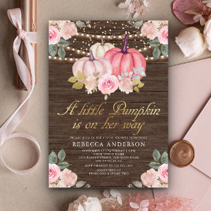 Liten pumpa rosa guld blommig trä baby shower inbjudningar