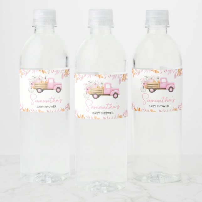 Liten Pumpa Rosa Lastbil Höst Baby Shower Vattenflaskor Etikett (Flaskor)