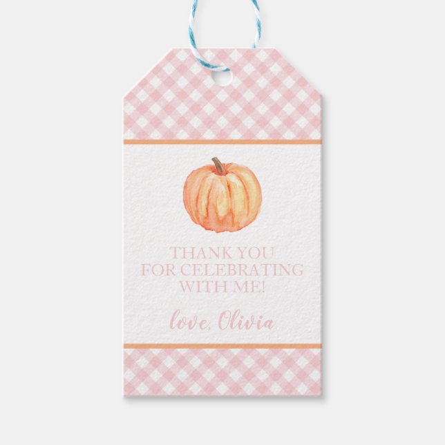 Liten pumpa rosa rutig första födelsedag presentetikett (Framsidan)