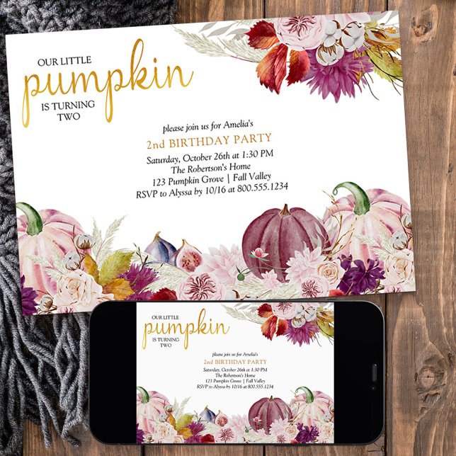 Liten Pumpa Rustik Blommig Flickas Födelsedag Inbjudningar (Little Pumpkin girls birthday invitation with pink pumpkins from my Little Pumpkin collection)