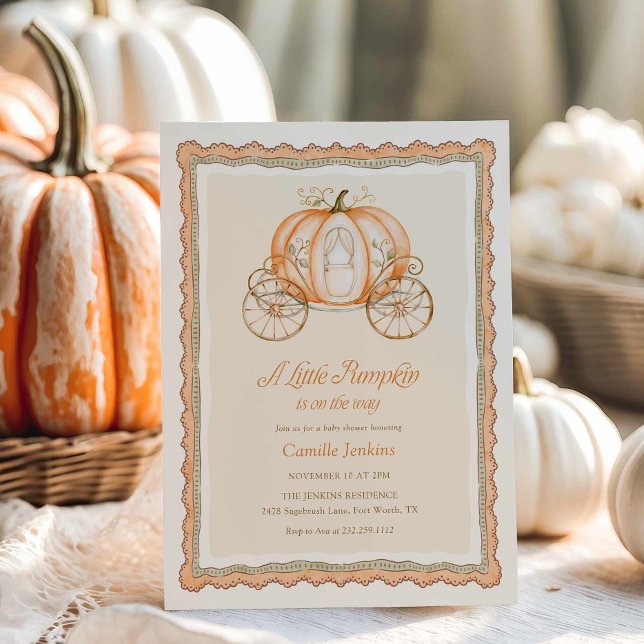 Liten pumpabarnvaktinvitation inbjudningar (Little Pumpkin is on the way Fall baby shower invitation)