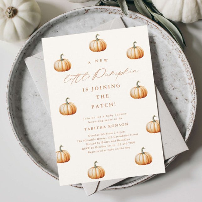 Liten pumpafall för barnkalas inbjudningar (Hand-painted little pumpkin patch baby shower invitations.)