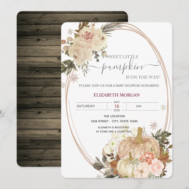 Liten pumparam bambu blommor trä baby shower inbjudningar (Fram/baksida)