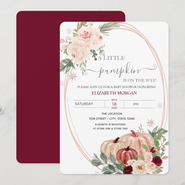 Liten pumparam bordsdekoration blommor baby shower inbjudningar (Fram/baksida)