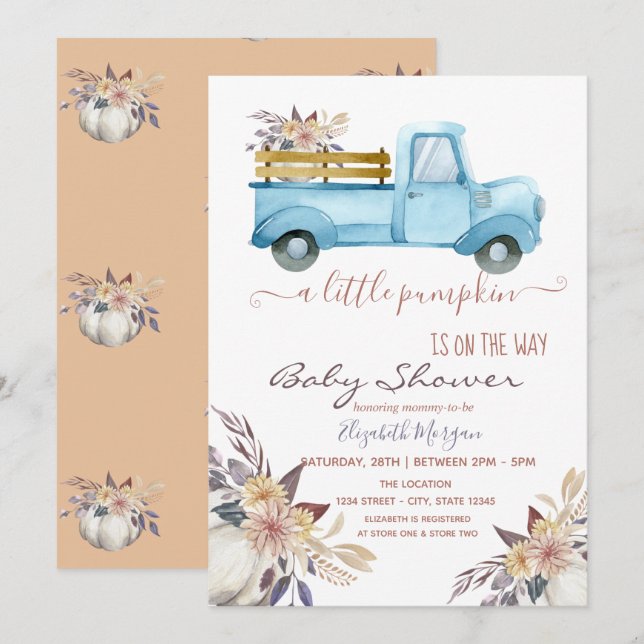 Liten pumpbil blommor,prickig  Baby Shower   Inbjudningar (Fram/baksida)