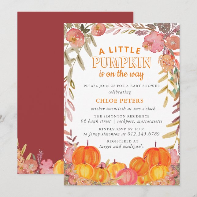Liten Pumpkin på Way Fall Blommigt Baby Shower Inbjudningar (Fram/baksida)