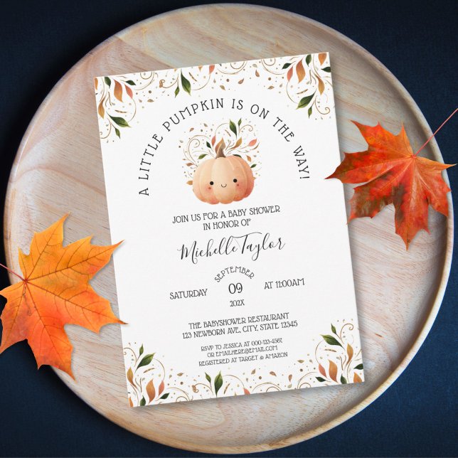 Liten Pumpkin på Way Fall Blommigt Baby Shower Inbjudningar (cute watercolor kawaii pumpkin with autumn leaves baby shower invitation)