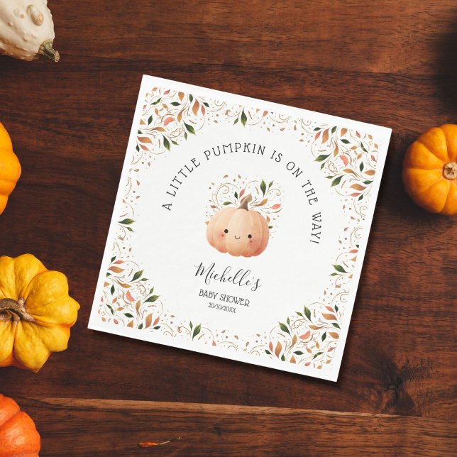 Liten Pumpkin på Way Fall Blommigt Baby Shower Pappersservett (CUTE WATERCOLOR KAWAI PUMPKIN FALL BABY SHOWER)