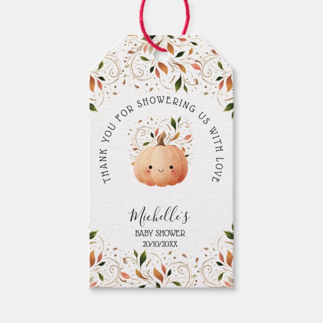 Liten Pumpkin på Way Fall Blommigt Baby Shower Presentetikett (Framsidan)