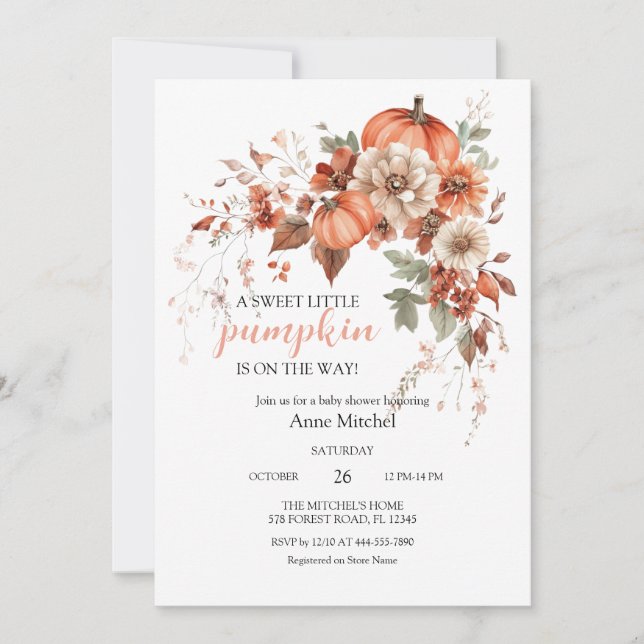 Liten Pumpkin på Way Rosa Bow Baby Shower Inv Inbjudningar (Framsida)