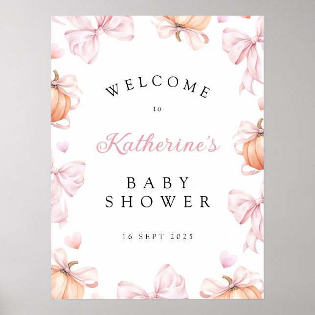 Liten Pumpkin på Way Rosa Bow Baby Shower Poster (Framsidan)