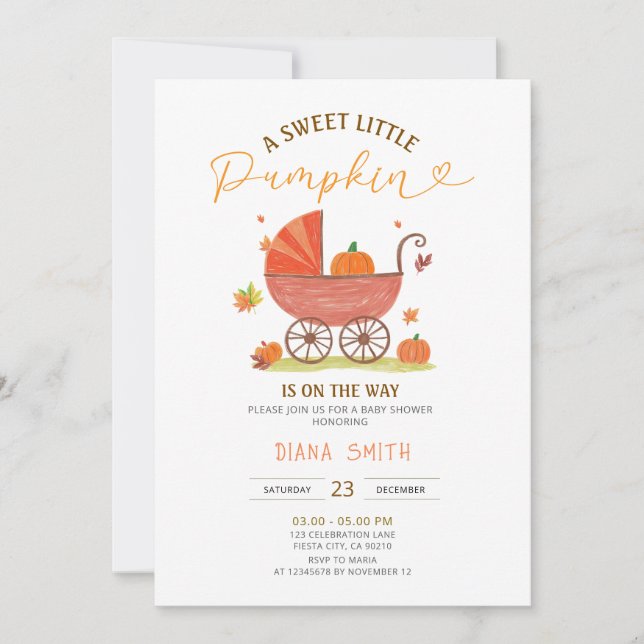 Liten pumpkins vagn baby shower inbjudan (Framsida)