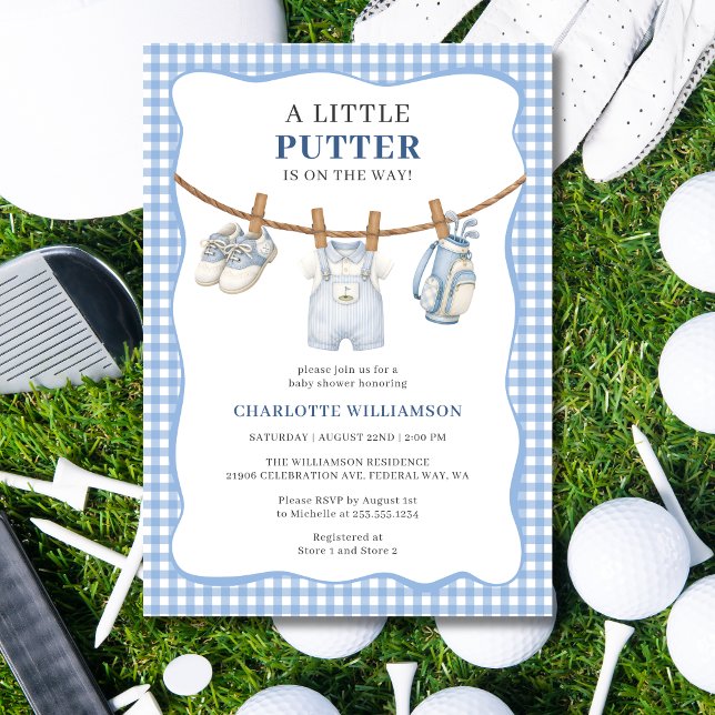 Liten Putter Blå Golf Torkställning för Babyfirand Inbjudningar (Little Putter Blue Golf Clothesline Baby Shower Invitation)