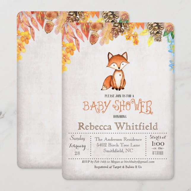 Liten räv baby shower-inbjudan inbjudningar (Fram/baksida)