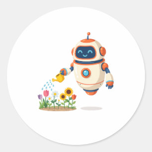 Liten robotträdgårdsmästare runt klistermärke