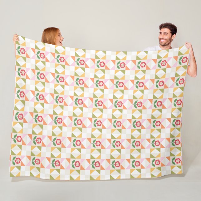 Liten röd blomster quiltblock flanellfilt fleecefilt (På plats)