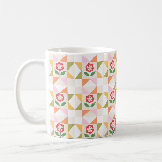 Liten röd blomster quiltblock kaffemugg (Vänster)