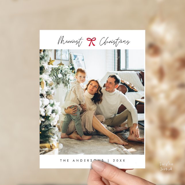Liten röd slinga, Modern minimalistisk familjefoto Vykort (Modern Minimalist Family Photo, red Bow theme Postcard)