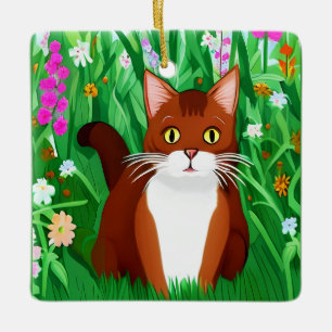 Liten rödbrun kattunge på ett fält av blommor julgransprydnad keramik