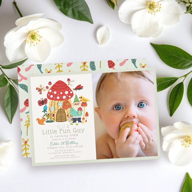 Liten rolig gnom Svamp Foto 1-årsdag Inbjudningar (Skapare uppladdad)