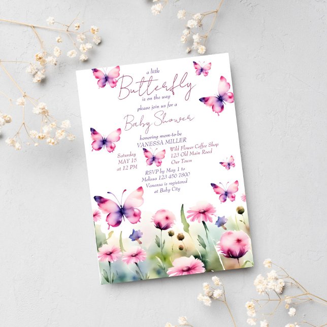Liten rosa-babydusch för små fjärilspastar inbjudningar (Little butterfly baby shower template invitation instant download meadow flowers pastel butterflies)