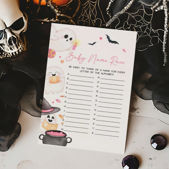 Liten rosa bu Halloween-barnnamnstävlingsspel (Pink Little Boo Baby Shower Baby Name Race Game)