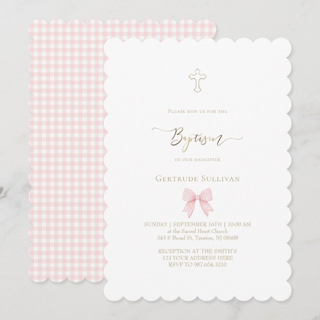 liten rosa gingham rosett | Dop Inbjudningar (Fram/baksida)