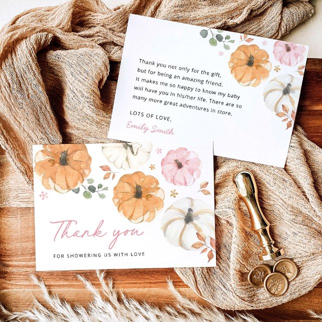 Liten Rosa Pumpa Flickebarnsk Shower Tackkort Tack Kort (Little Pink Pumpkin Baby Shower Thank You Card, Watercolor Pumpkin Girl Baby Shower Thank You Note)